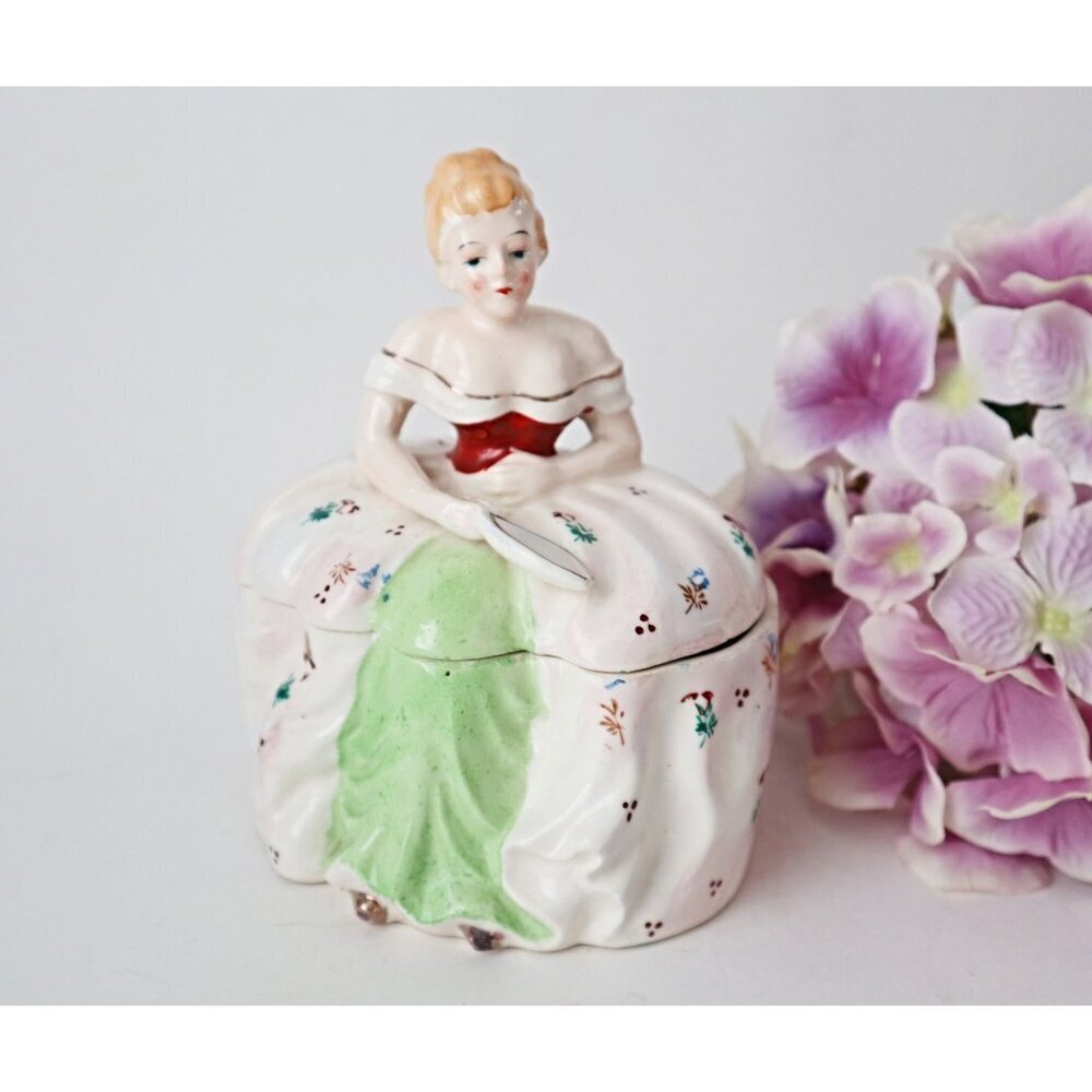 Vintage Victorian Lady Trinket Box Hand Painted Ceramic Dresser Box Boudoir 1940